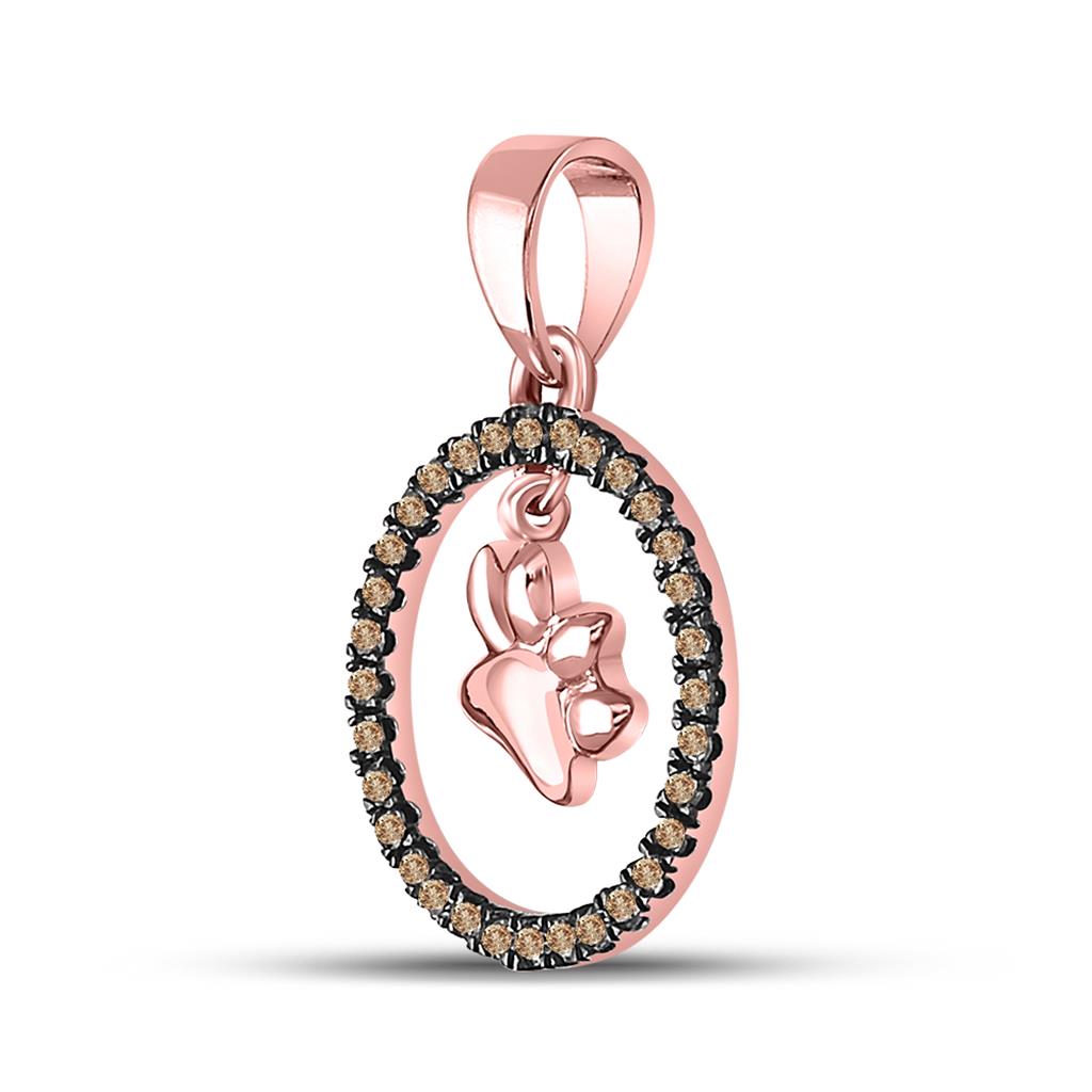 10k Rose Gold Round Brown Diamond Dog Paw Print Circle Pendant 1/5 Cttw