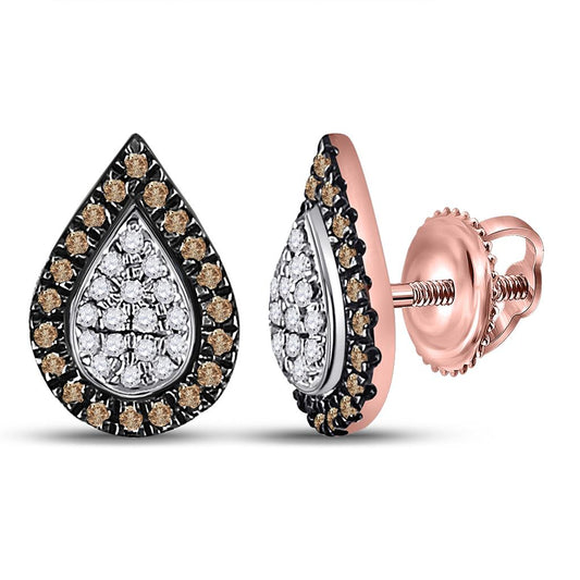 10k Rose Gold Round Brown Diamond Teardrop Cluster Earrings 1/5 Cttw