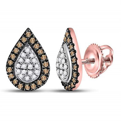 10k Rose Gold Round Brown Diamond Teardrop Cluster Earrings 1/5 Cttw