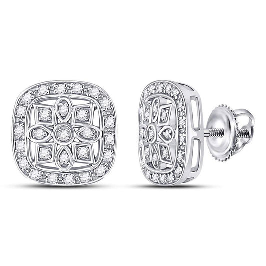 Sterling Silver Round Diamond Square Frame Flower Earrings 1/6 Cttw