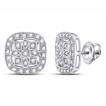 Sterling Silver Round Diamond Square Frame Flower Earrings 1/6 Cttw