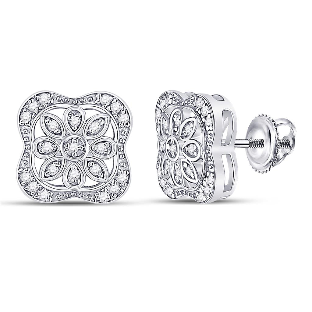 Sterling Silver Round Diamond Flower Fashion Earrings 1/8 Cttw