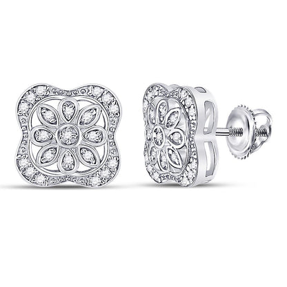 Sterling Silver Round Diamond Flower Fashion Earrings 1/8 Cttw