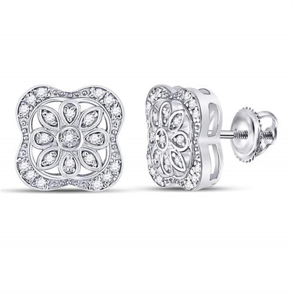 Sterling Silver Round Diamond Flower Fashion Earrings 1/8 Cttw