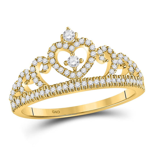 10k Yellow Gold Round Diamond Heart Crown Fashion Ring 1/4 Cttw