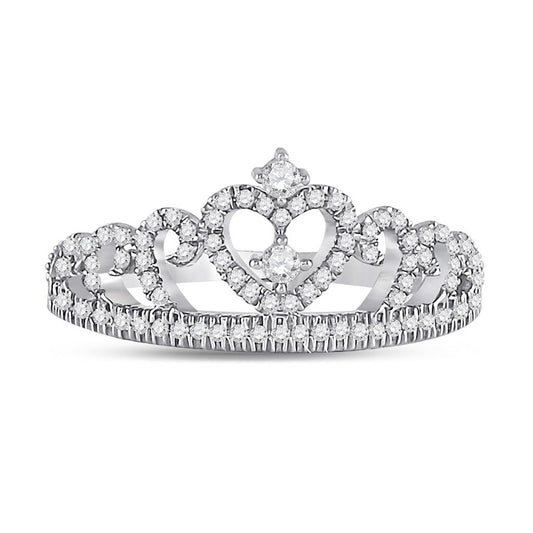 14k White Gold Round Diamond Heart Crown Fashion Ring 1/4 Cttw