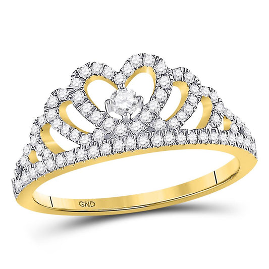 10k Yellow Gold Round Diamond Heart Crown Fashion Ring 1/3 Cttw