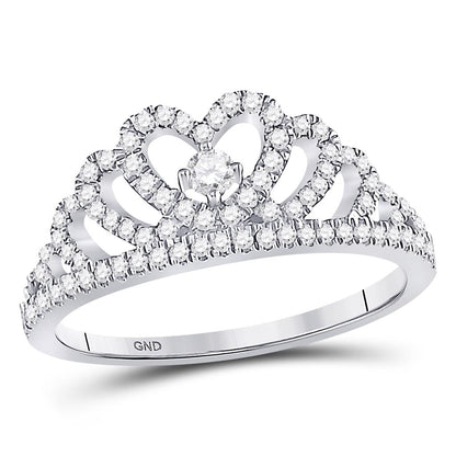 14k White Gold Round Diamond Heart Crown Fashion Ring 1/3 Cttw