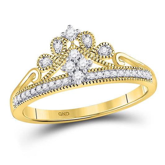 10k Yellow Gold Round Diamond Crown Tiara Fashion Ring 1/6 Cttw