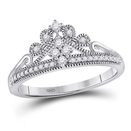 14k White Gold Round Diamond Crown Tiara Fashion Ring 1/6 Cttw
