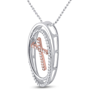 10k Two-tone Gold Round Diamond Oval Moving Cross Pendant 1/8 Cttw