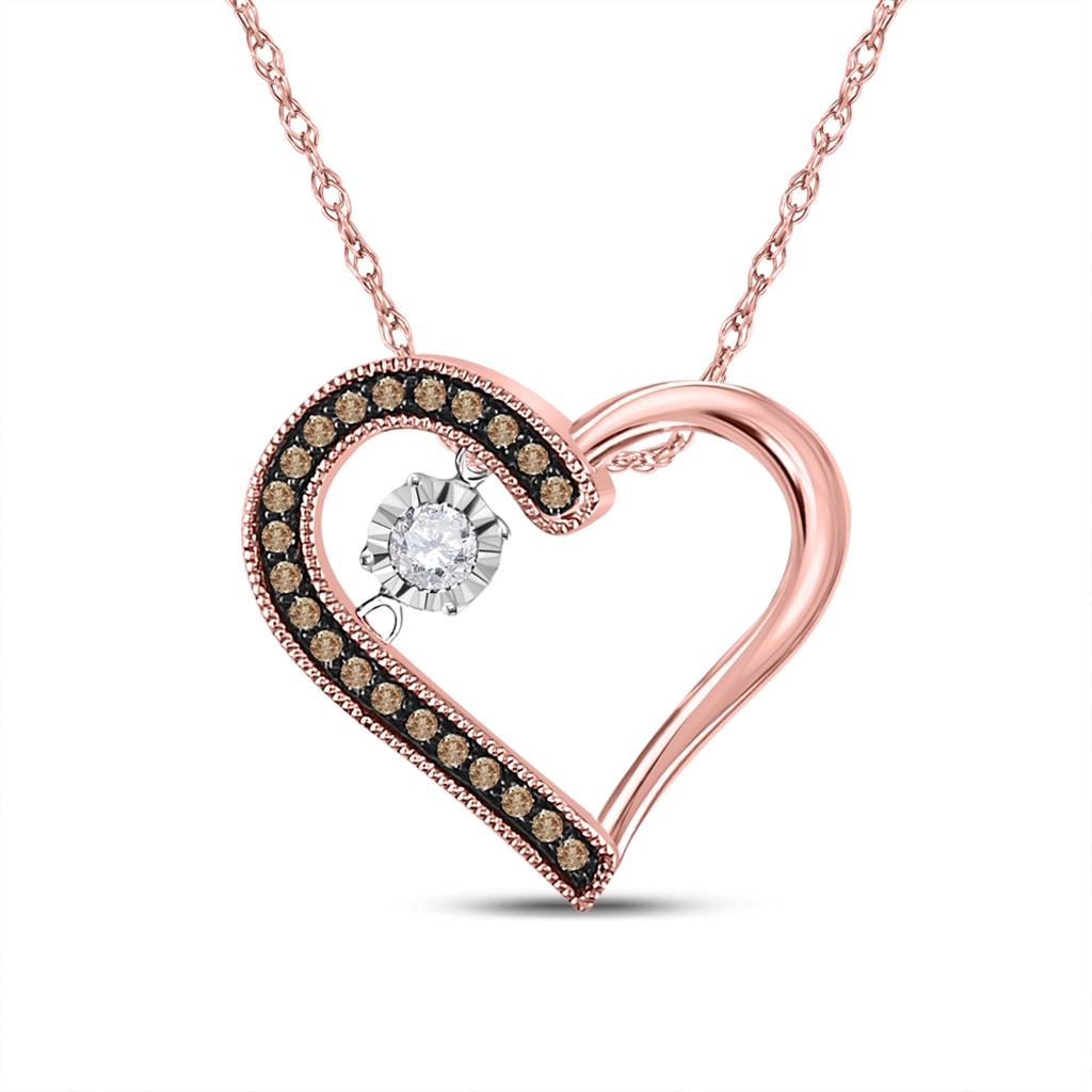 10k Rose Gold Round Brown Diamond Heart Moving Pendant 1/5 Cttw