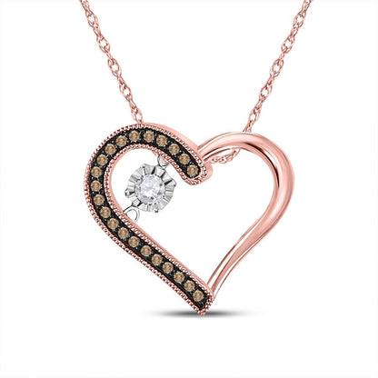 10k Rose Gold Round Brown Diamond Heart Moving Pendant 1/5 Cttw