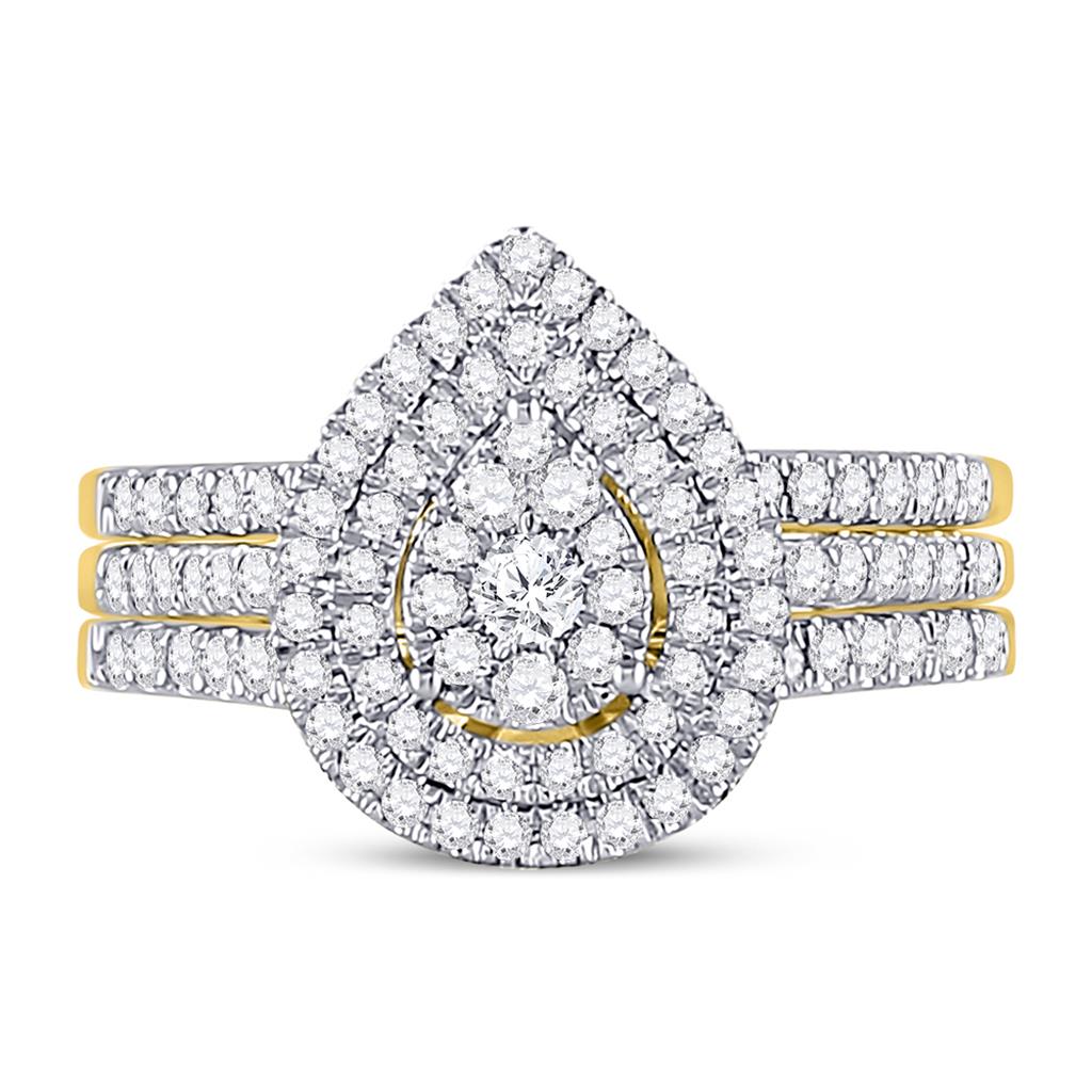 14k Yellow Gold Round Diamond Cluster Bridal Wedding Ring Set 3/4 Cttw
