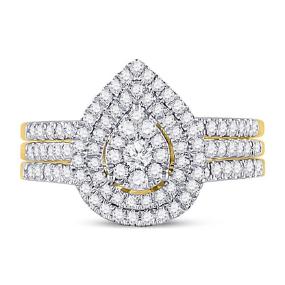14k Yellow Gold Round Diamond Cluster Bridal Wedding Ring Set 3/4 Cttw