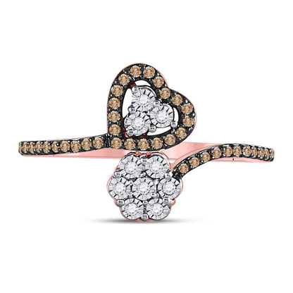 10k Rose Gold Round Brown Diamond Bypass Flower Heart Ring 1/5 Ctw
