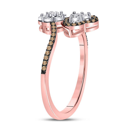10k Rose Gold Round Brown Diamond Bypass Flower Heart Ring 1/5 Ctw