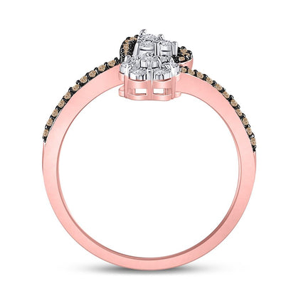 10k Rose Gold Round Brown Diamond Bypass Flower Heart Ring 1/5 Ctw
