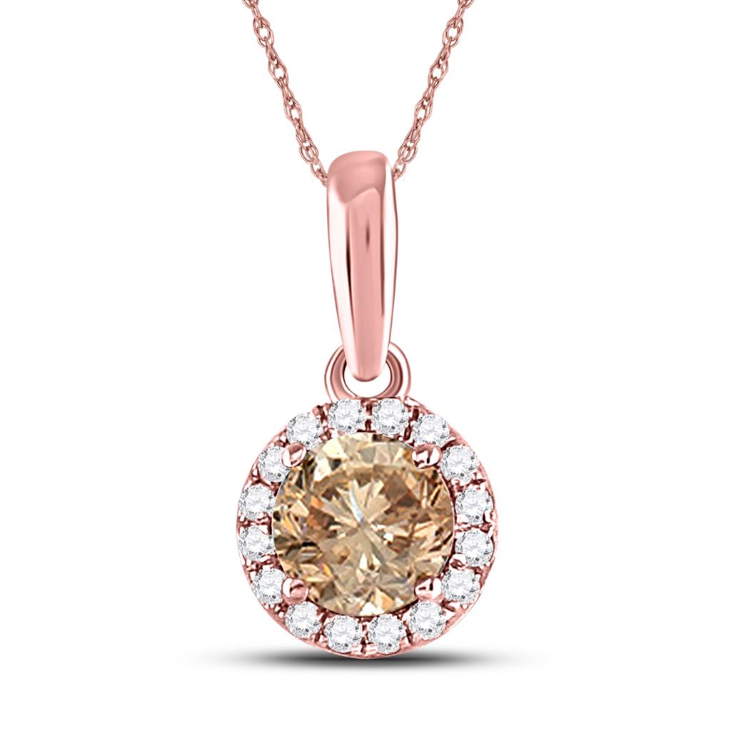 14k Rose Gold Round Brown Diamond Halo Solitaire Pendant 1/2 Cttw