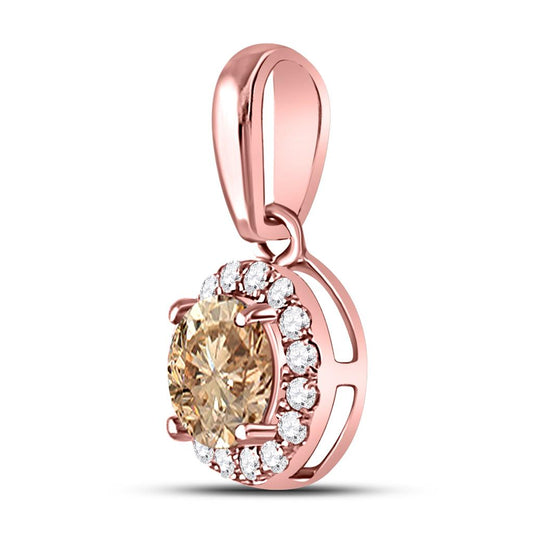 14k Rose Gold Round Brown Diamond Halo Solitaire Pendant 1/2 Cttw