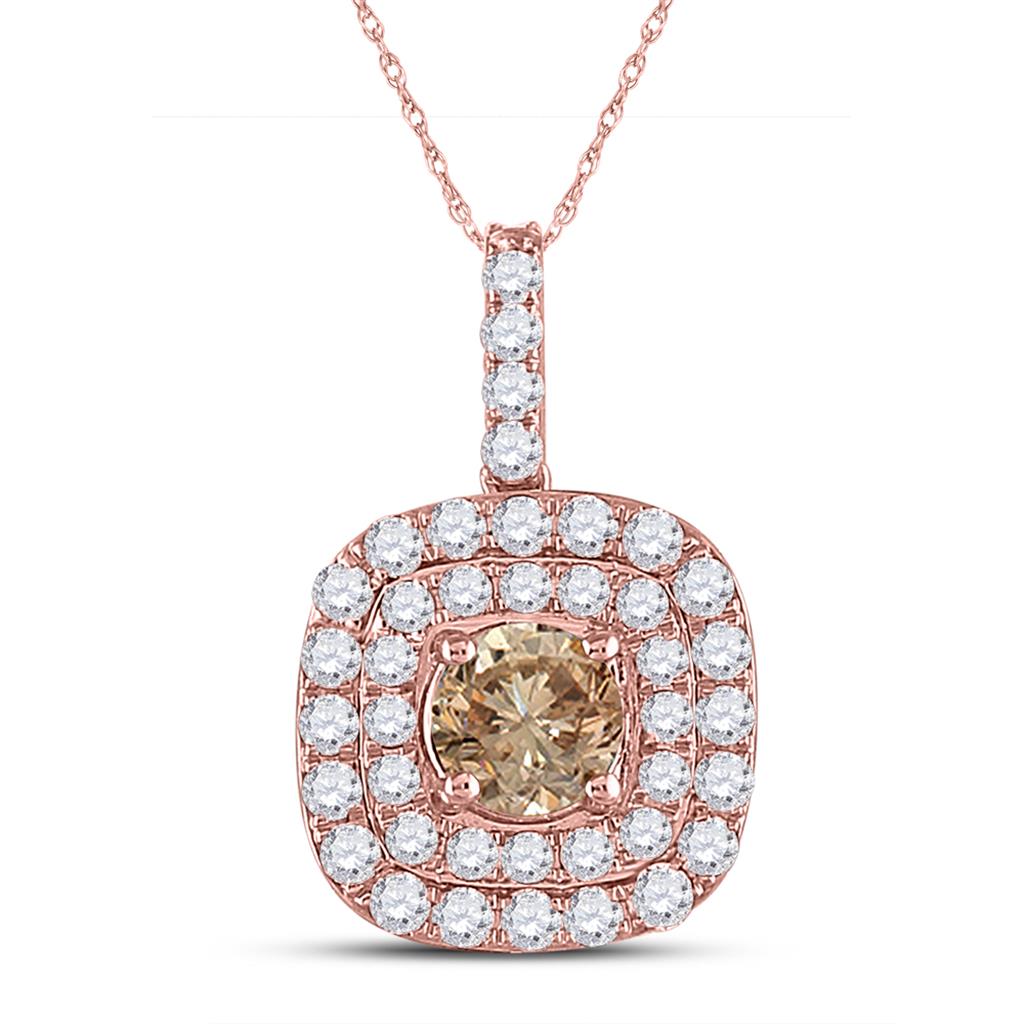 14k Rose Gold Round Brown Diamond Halo Solitaire Pendant 1 Cttw