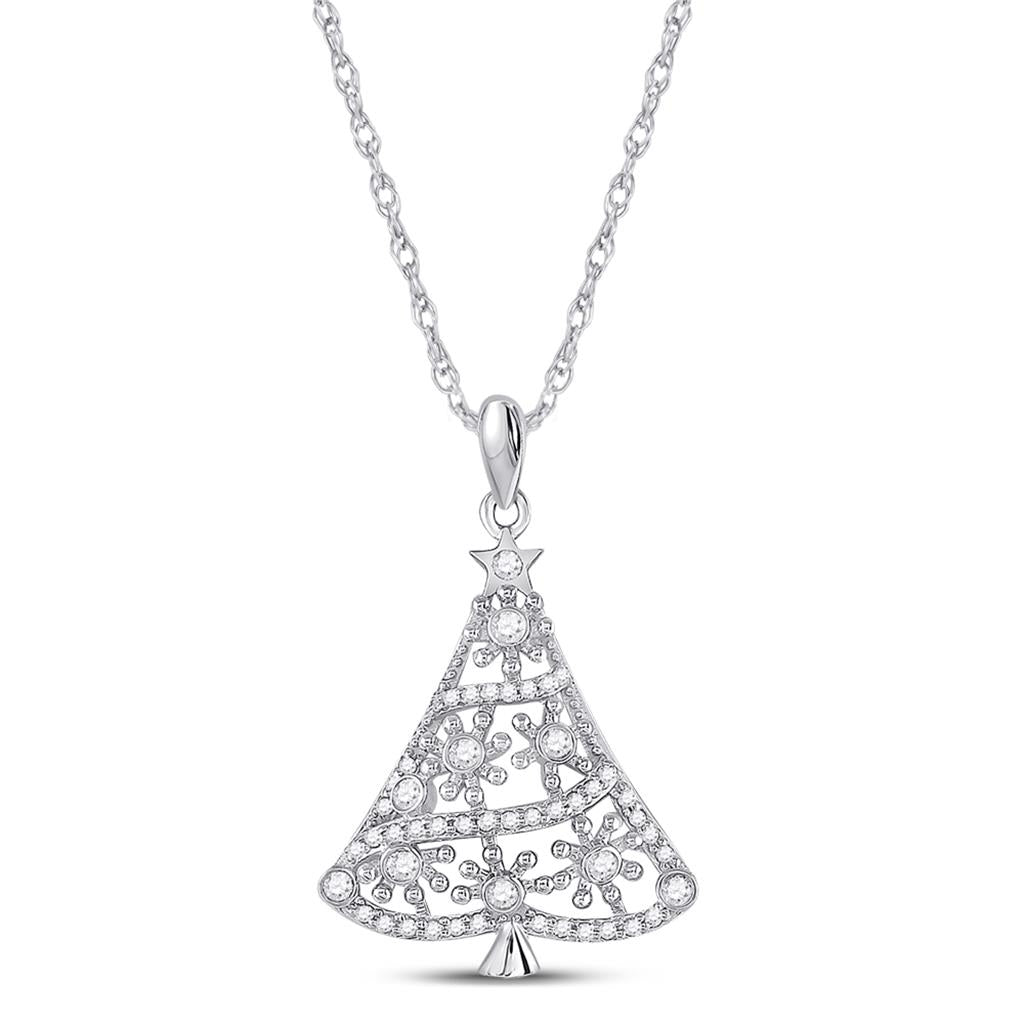 14k White Gold Round Diamond Christmas Tree Fashion Pendant 1/3 Cttw