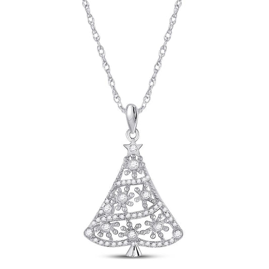 14k White Gold Round Diamond Christmas Tree Fashion Pendant 1/3 Cttw