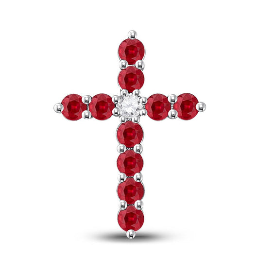 14k White Gold Round Created Ruby Cross Pendant 7/8 Cttw