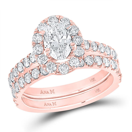 14k Rose Gold Oval Diamond Bridal Wedding Ring Set 1-7/8 Cttw (Certified)