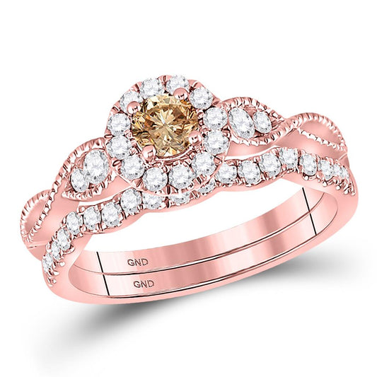 14k Rose Gold Round Brown Diamond Bridal Wedding Ring Set 3/4 Cttw