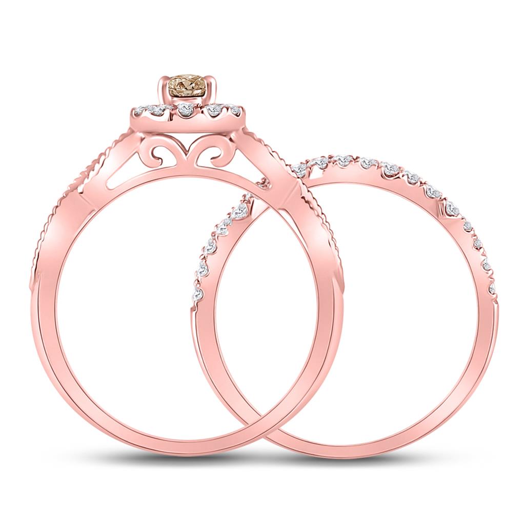 14k Rose Gold Round Brown Diamond Bridal Wedding Ring Set 3/4 Cttw