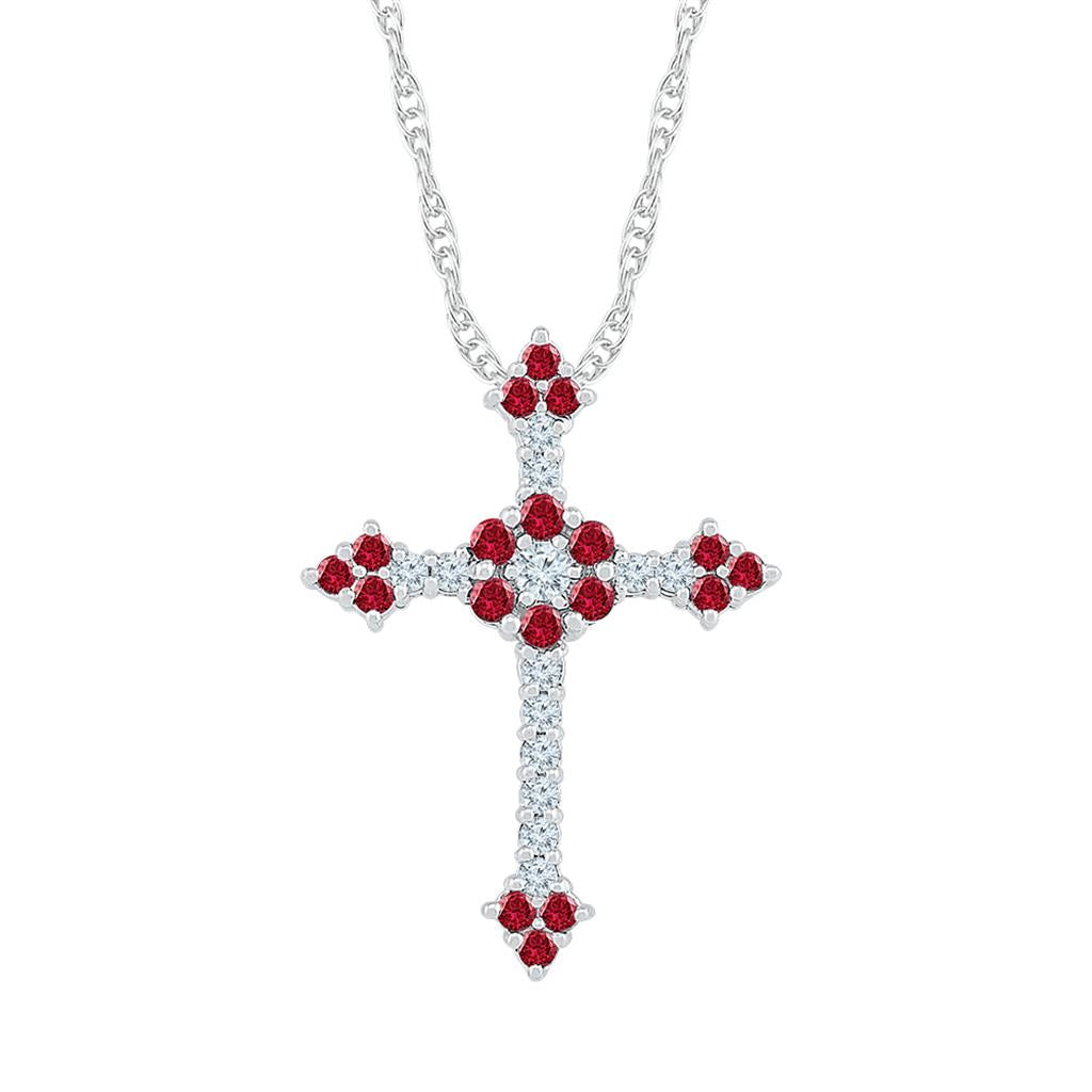 14k White Gold Round Created Ruby Cross Pendant 1 Cttw