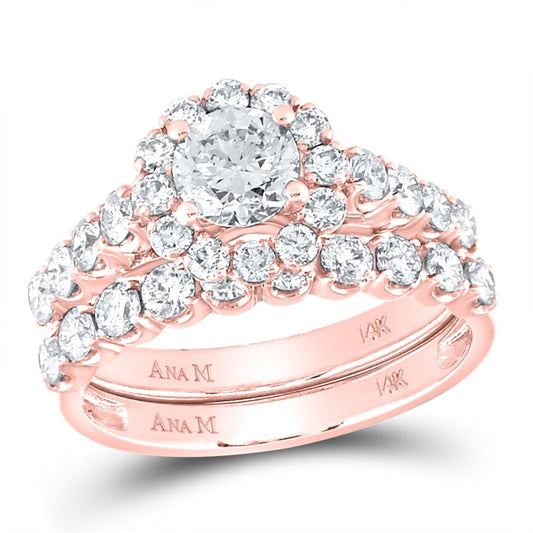 14k Rose Gold Round Diamond Bridal Wedding Ring Set 2 Cttw (Certified)