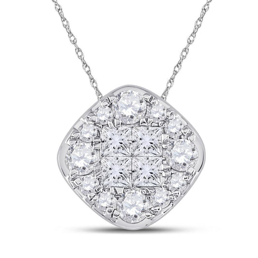 14k White Gold Princess Diamond Offset Square Cluster Pendant 1 Cttw