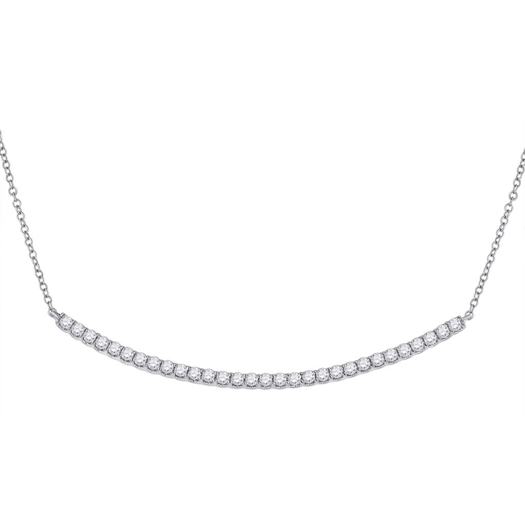 14k White Gold Round Diamond Curved Bar Necklace 1 Cttw