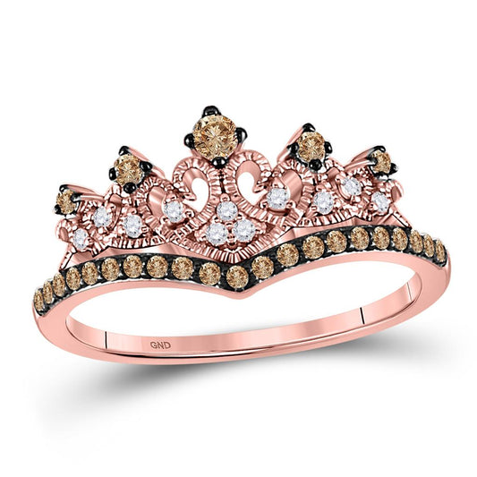 10k Rose Gold Round Brown Diamond Crown Tiara Ring 1/3 Cttw