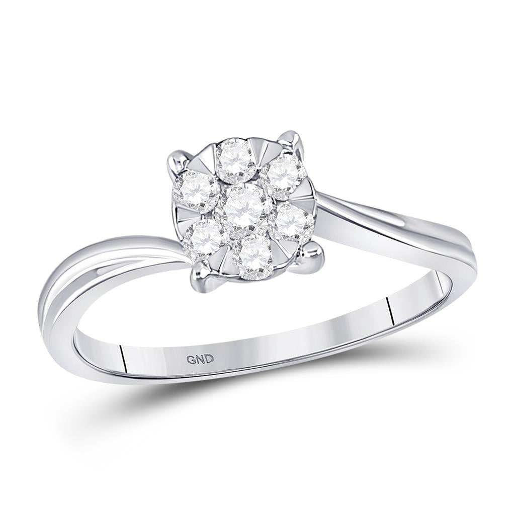 14k White Gold Round Diamond Flower Cluster Ring 1/3 Cttw