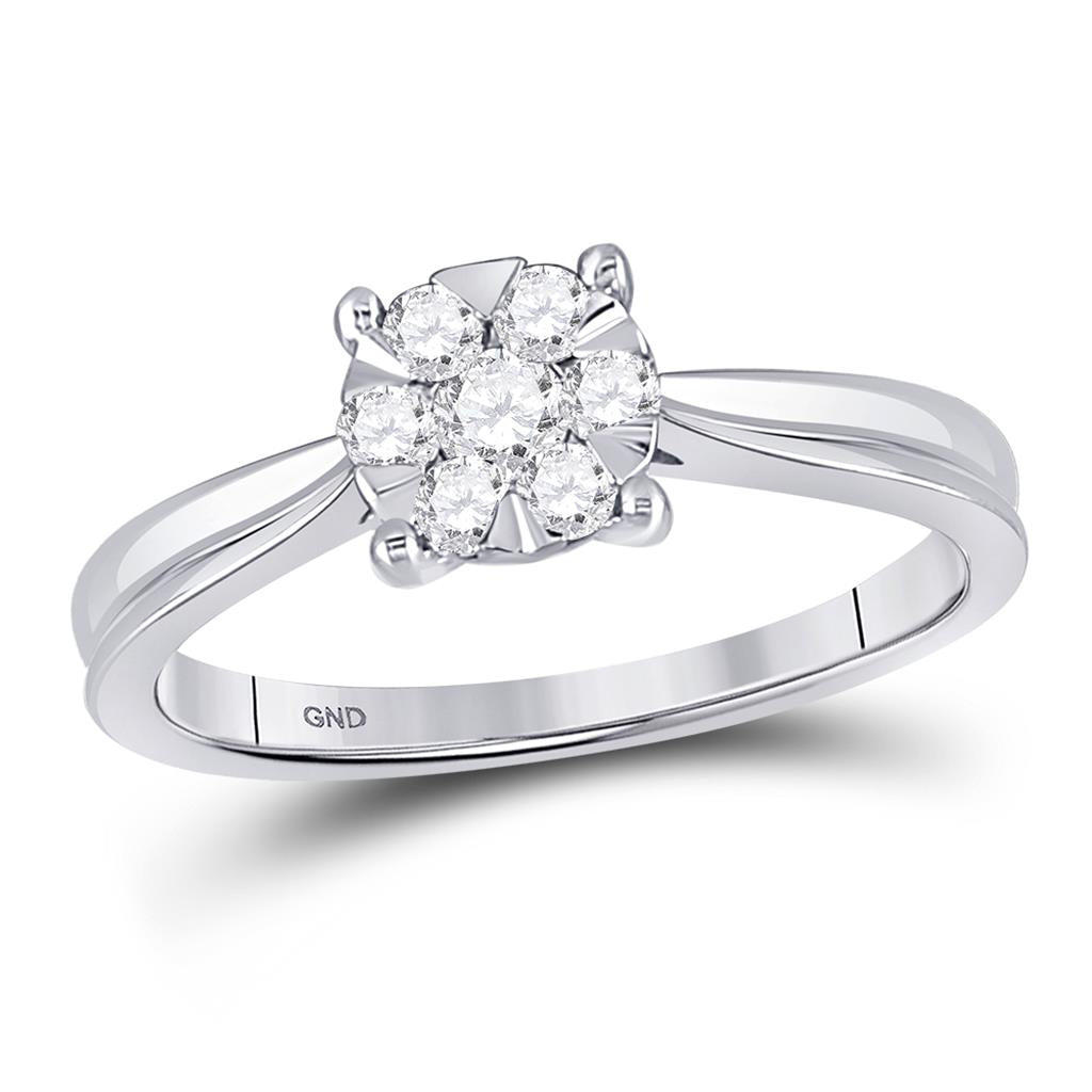 14k White Gold Round Diamond Flower Timeless Cluster Ring 1/3 Cttw