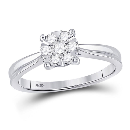 14k White Gold Round Diamond Flower Timeless Cluster Ring 1/3 Cttw