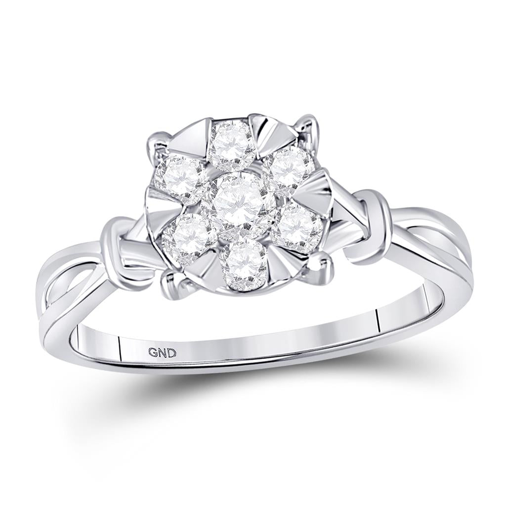 14k White Gold Round Diamond Twist Flower Cluster Ring 1/2 Cttw