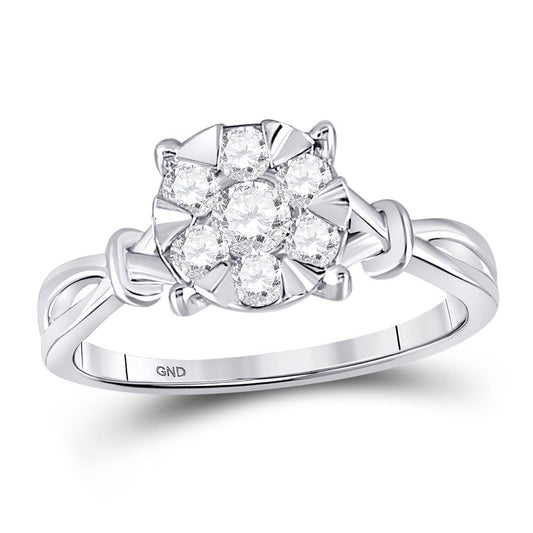 14k White Gold Round Diamond Twist Flower Cluster Ring 1/2 Cttw
