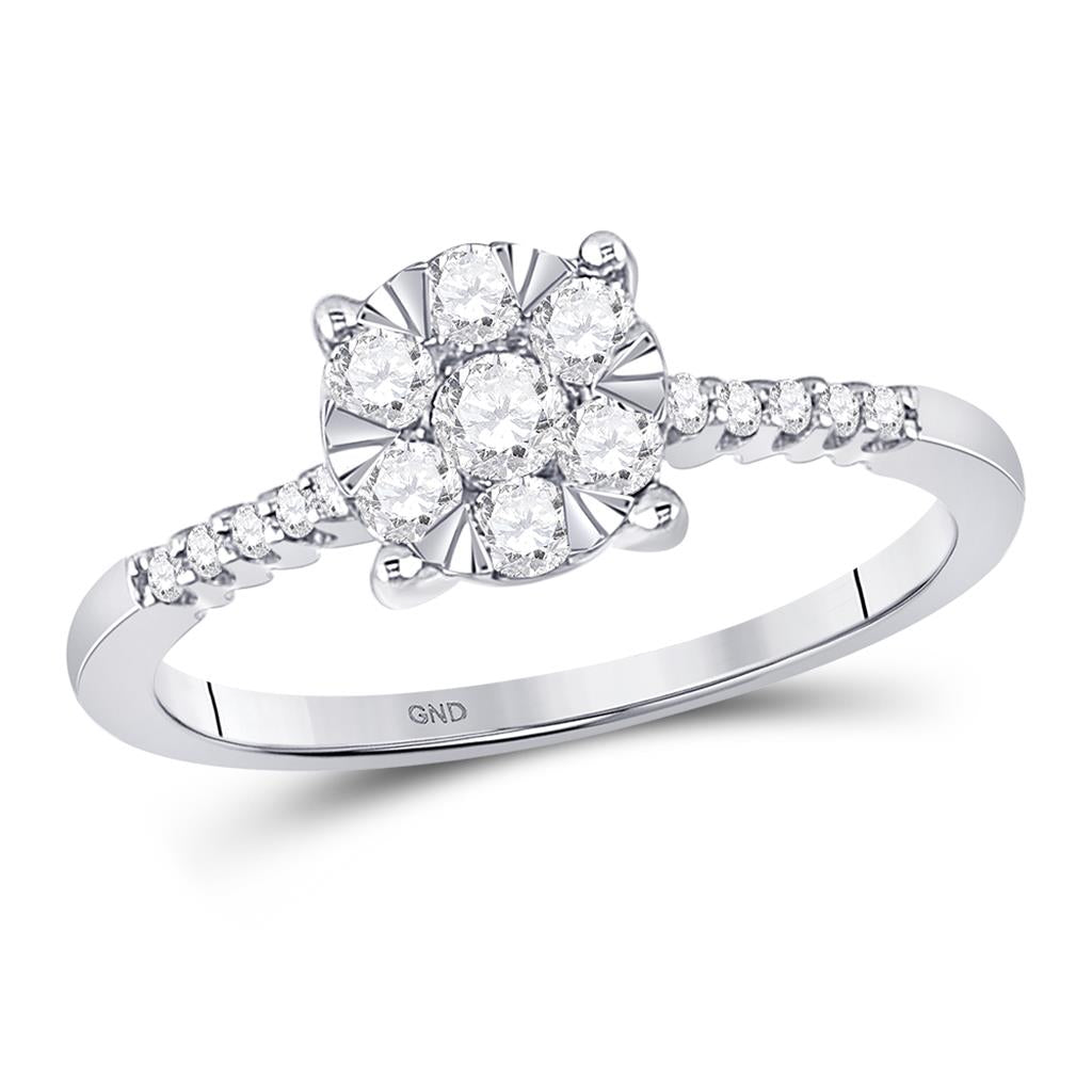 14k White Gold Round Diamond Flower Cluster Ring 1/2 Cttw