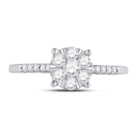 14k White Gold Round Diamond Flower Cluster Ring 1/2 Cttw