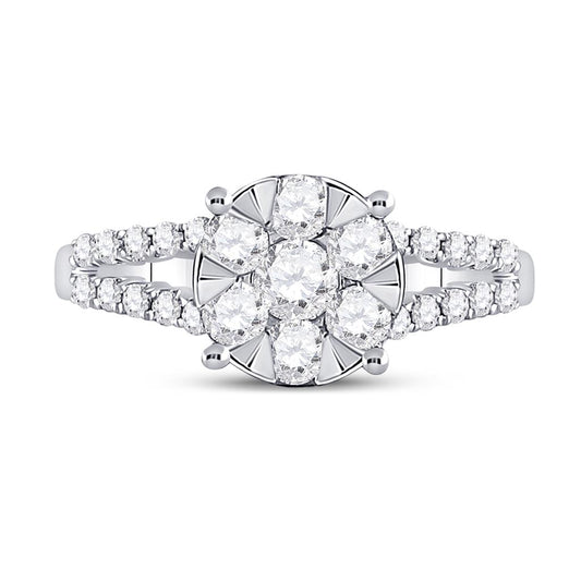 14k White Gold Round Diamond Flower Cluster Ring 1 Cttw
