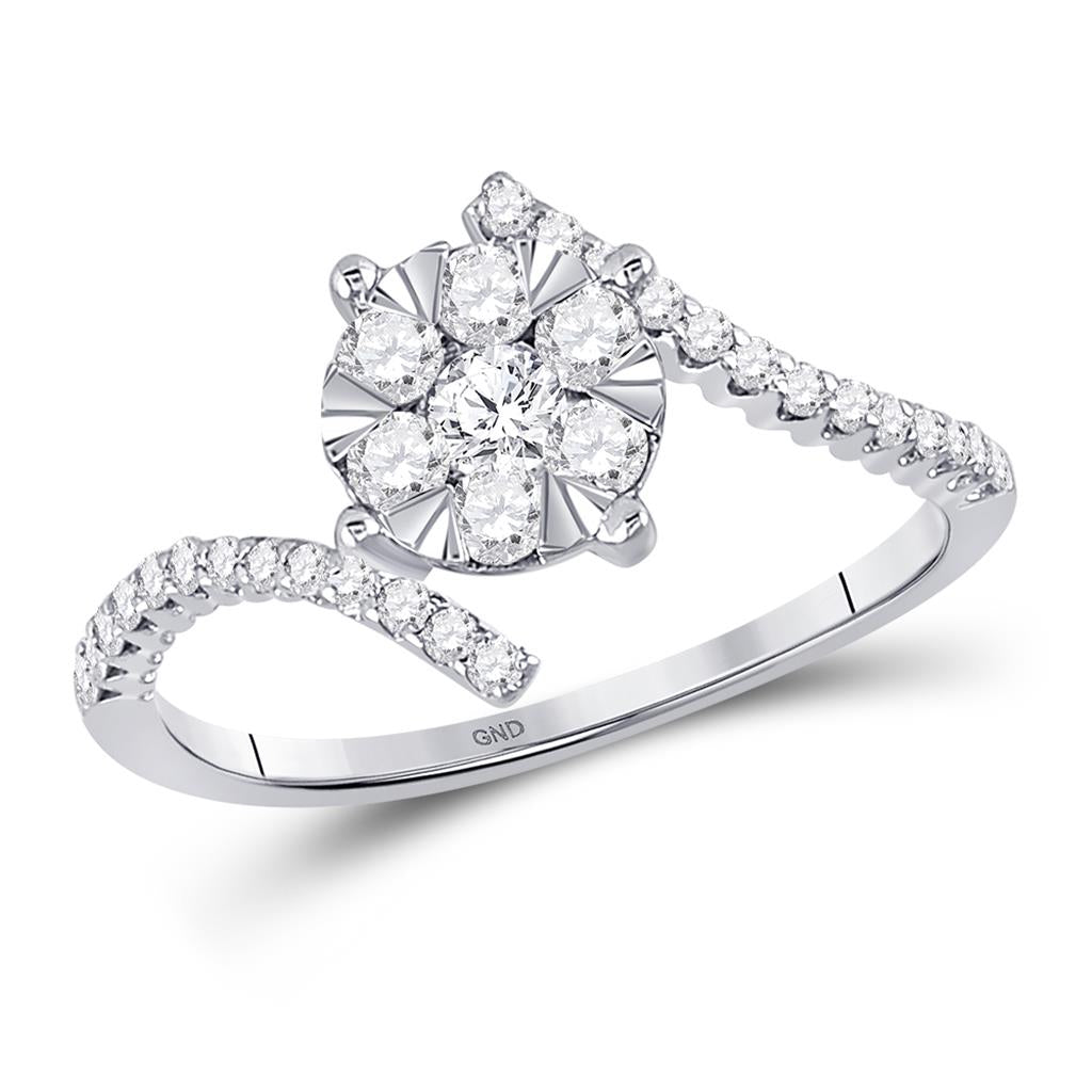 14k White Gold Round Diamond Bypass Flower Cluster Ring 1/2 Cttw