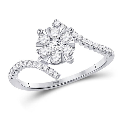 14k White Gold Round Diamond Bypass Flower Cluster Ring 1/2 Cttw