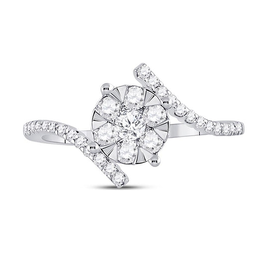 14k White Gold Round Diamond Bypass Flower Cluster Ring 1/2 Cttw