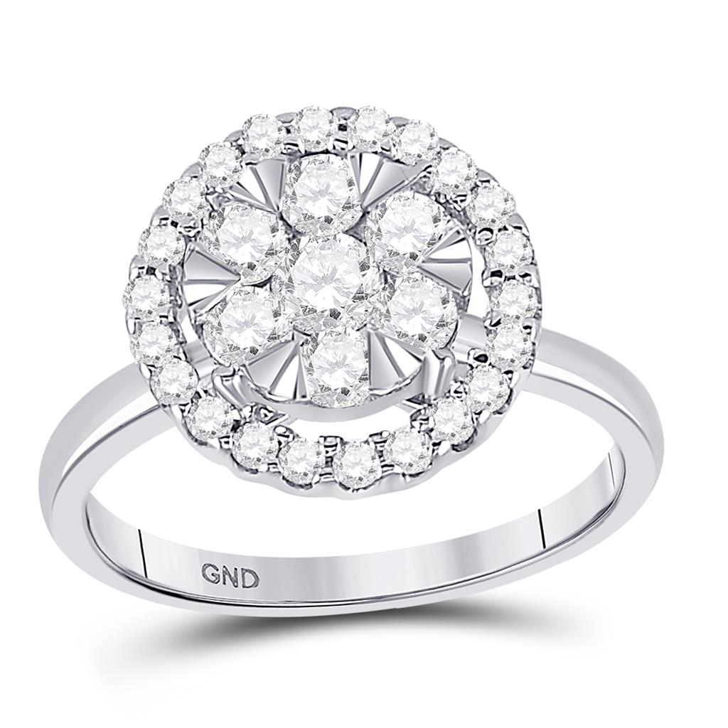 14k White Gold Round Diamond Halo Flower Cluster Ring 1 Cttw