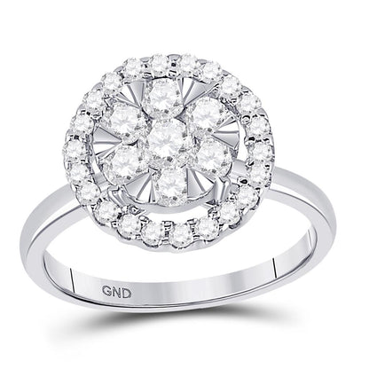 14k White Gold Round Diamond Halo Flower Cluster Ring 1 Cttw
