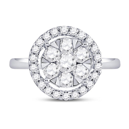 14k White Gold Round Diamond Halo Flower Cluster Ring 1 Cttw